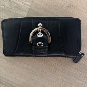 Black Leather Zip Wallet with Silver Buckle Accent